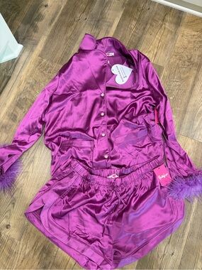 Buddy Love Satin Pajama Set with Feather Cuffs